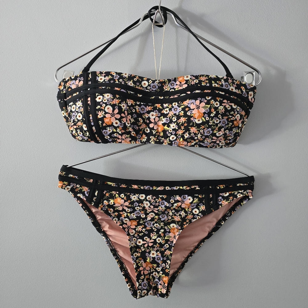 BCBGeneration Black and Floral Banded Bikini Size